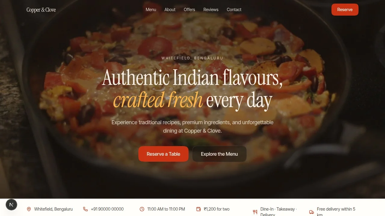 The Copper & Clove restaurant website, showing the menu and reservation flow.