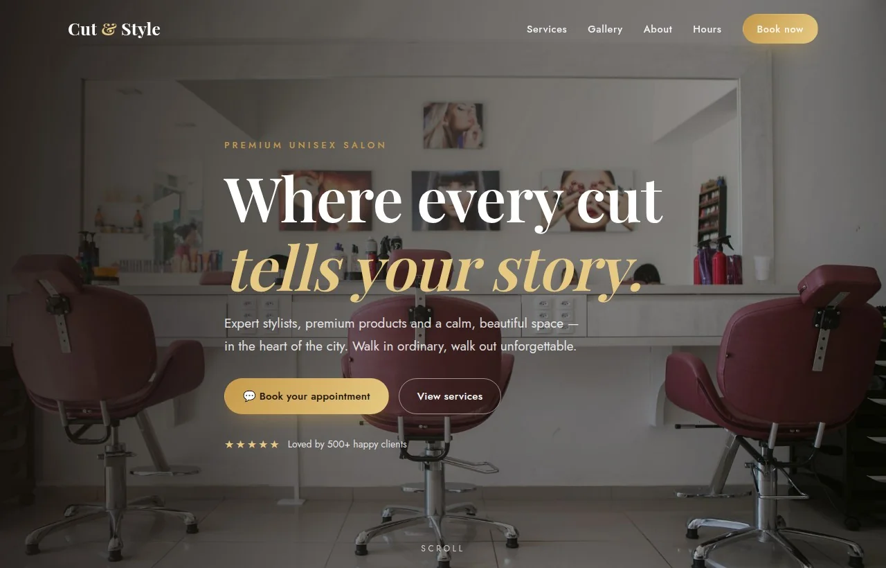 The Cut & Styles salon website, showing the booking-led home page.