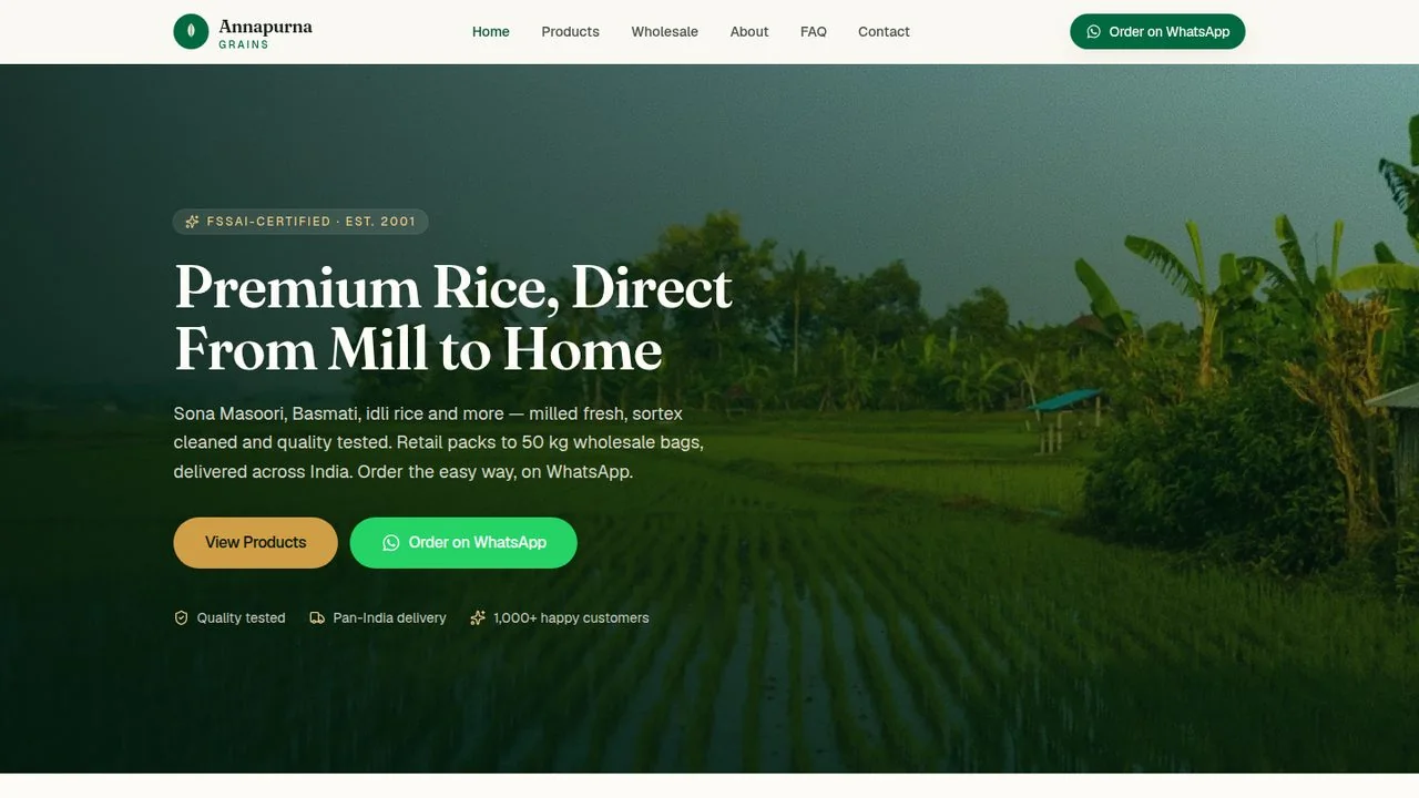 The Annapurna Grains rice mill website, showing capabilities and the enquiry form.